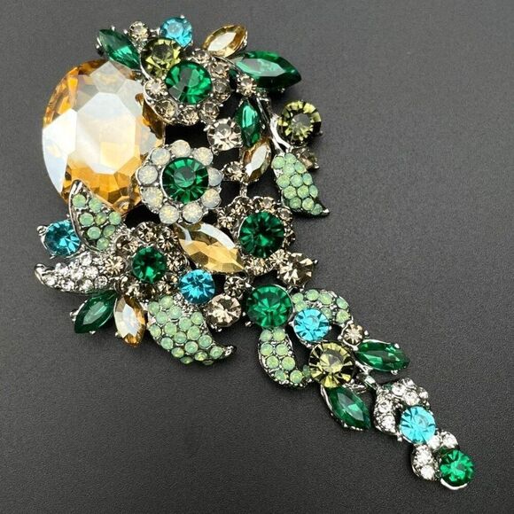 Silver with Multicolored Crystal Dangling Flower Cluster Pin Back Brooch - Picture 1 of 7